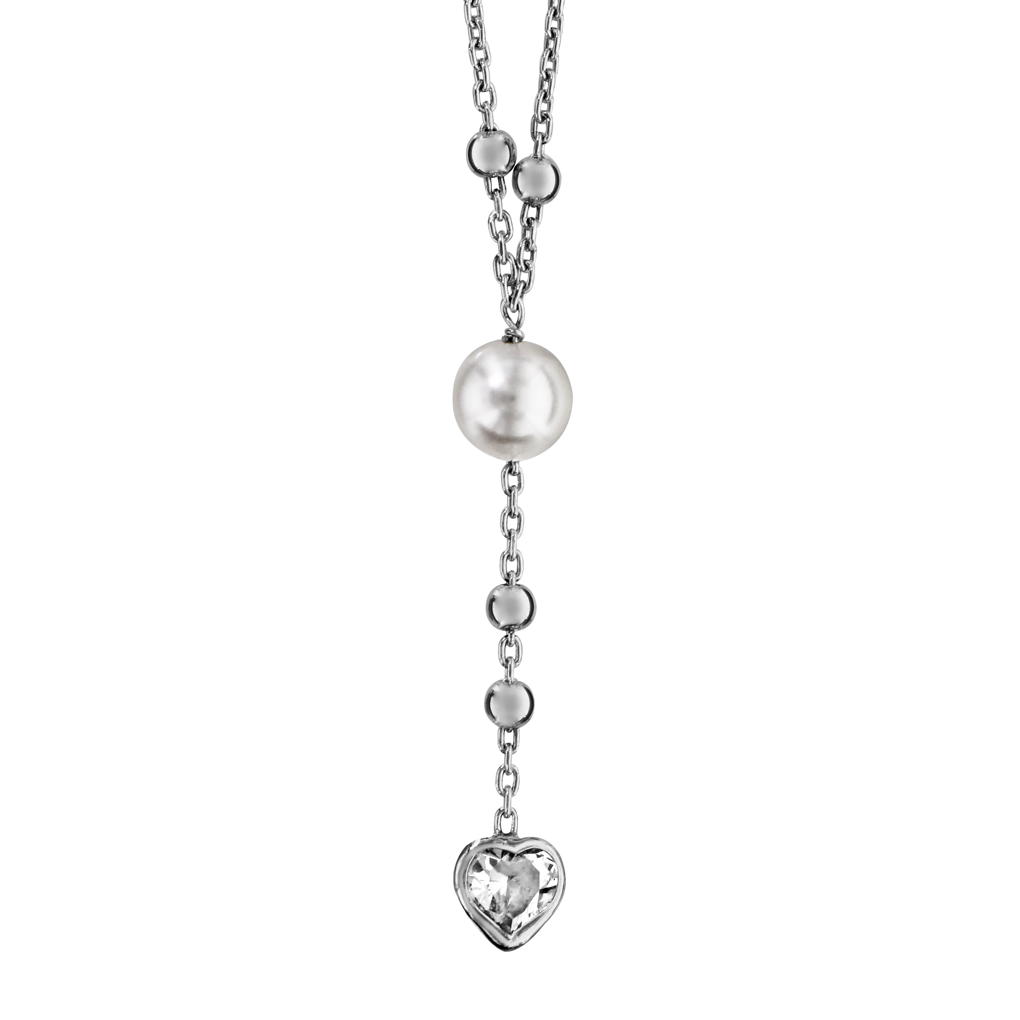 Collier en argent rhodié forme Y chaîne avec boules lisses, perles blanches eau douce et oxyde blanc en forme de coeur au bout 40cm + 5cm