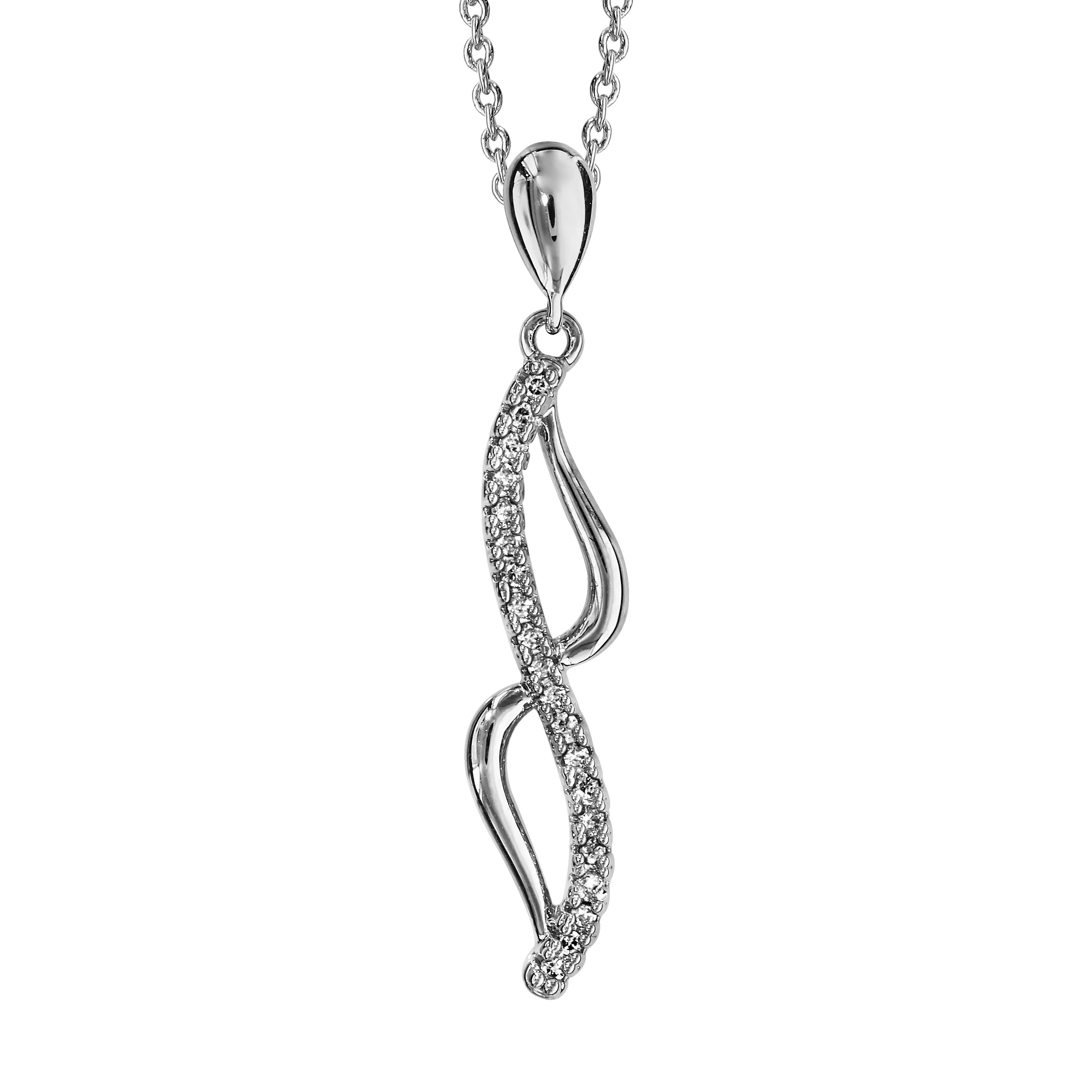 Collier en argent rhodié chaîne avec pendentif 2 vagues reliées aux bouts, 1 en rail d’oxydes blancs sertis et l’autre lisse – longueur 40cm + 4cm de rallonge