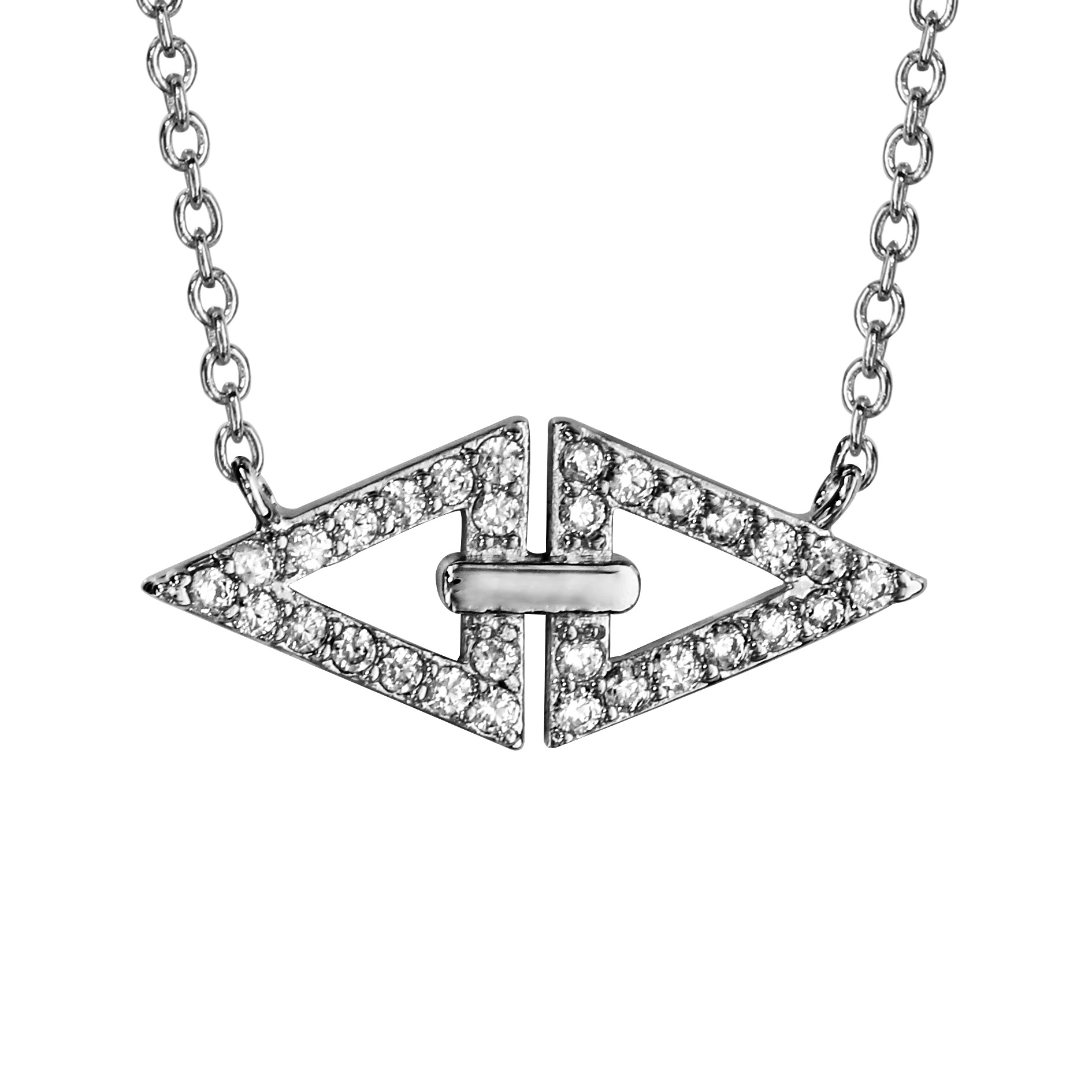 Collier en argent rhodié chaîne avec pendentif 2 triangles ornés d’oxydes blancs sertis et reliés par une barrette lisse – longueur 40cm + 4cm de rallonge