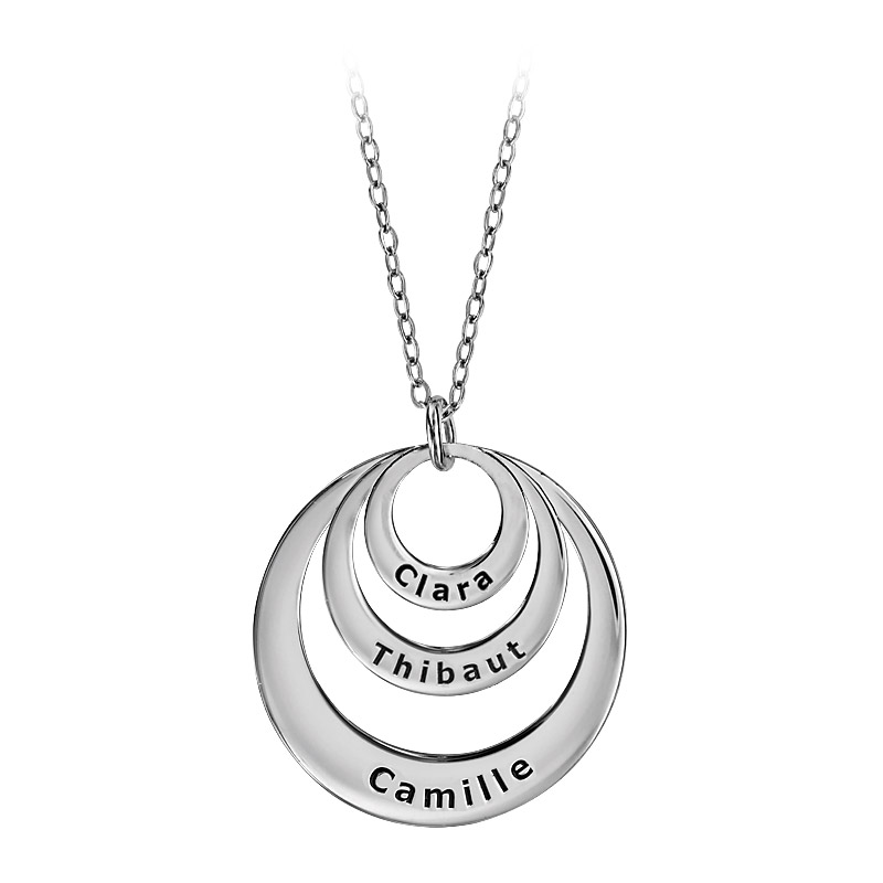 Collier en argent rhodié chaîne avec pendentif 3 anneaux prénom à graver – longueur 40cm + 5cm de rallonge