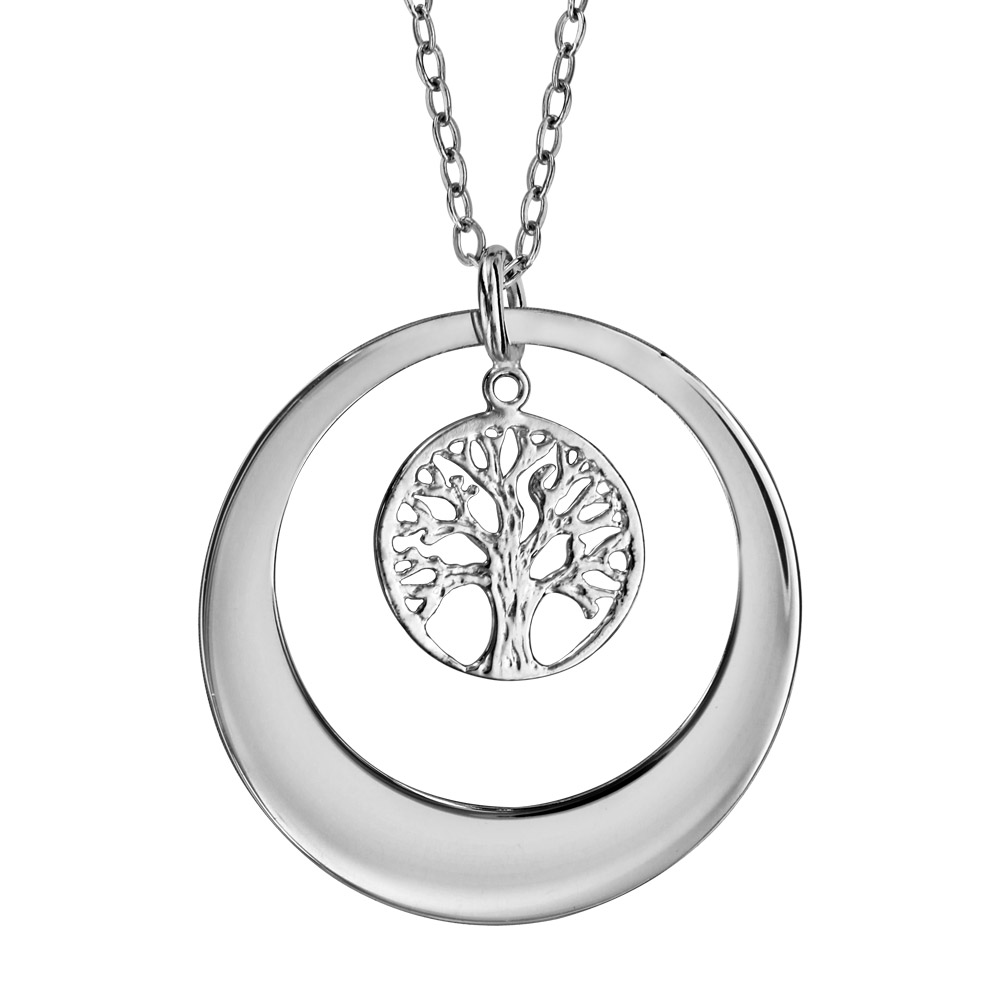 Collier en argent rhodié chaîne avec pendentif anneau prénom à graver avec arbre de vie ajouré suspendu – longueur 40cm + 5cm de rallonge à graver 1 ou 2 prénoms