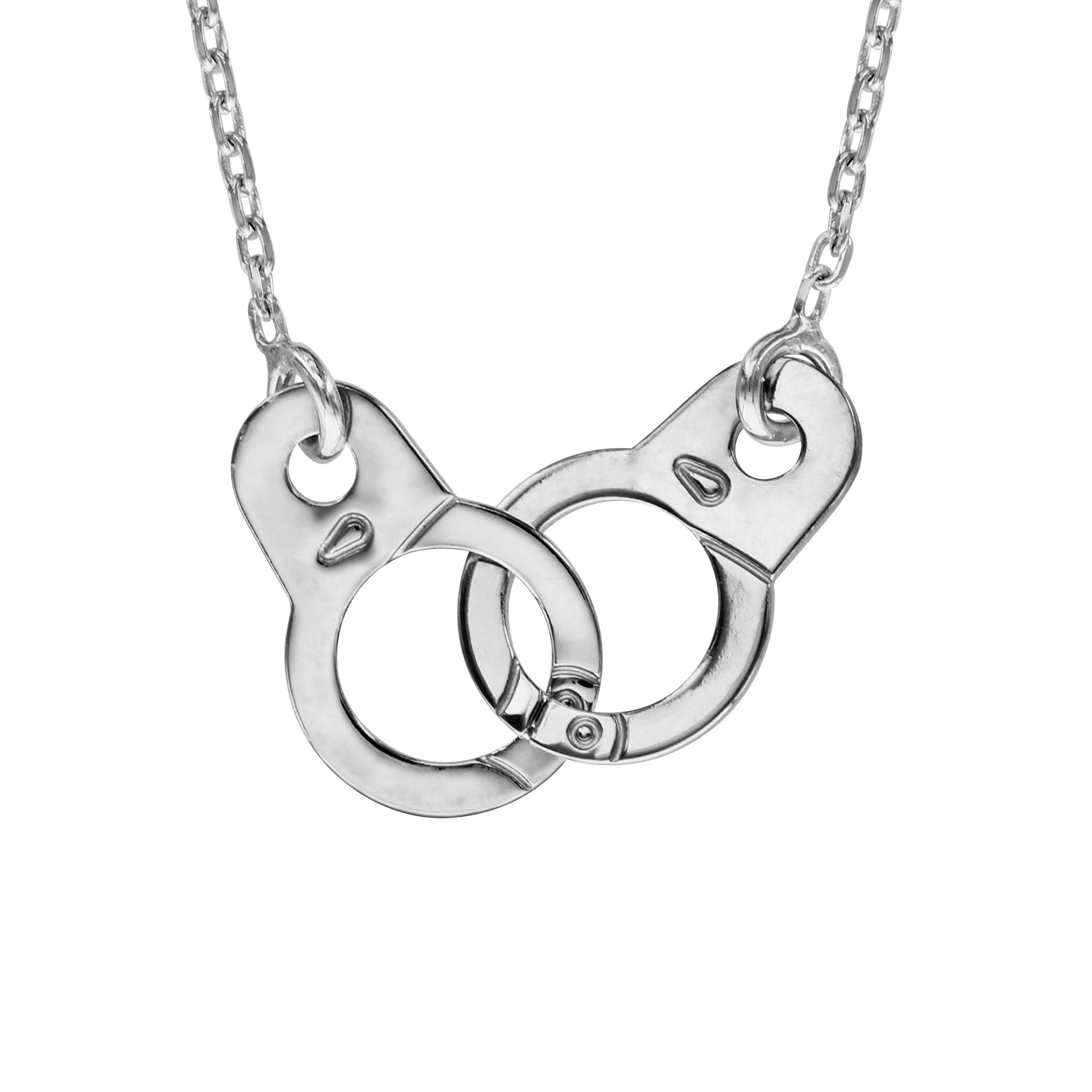 Collier en argent rhodié chaîne avec pendentif grandes menottes au milieu – longueur 40cm + 5cm de rallonge