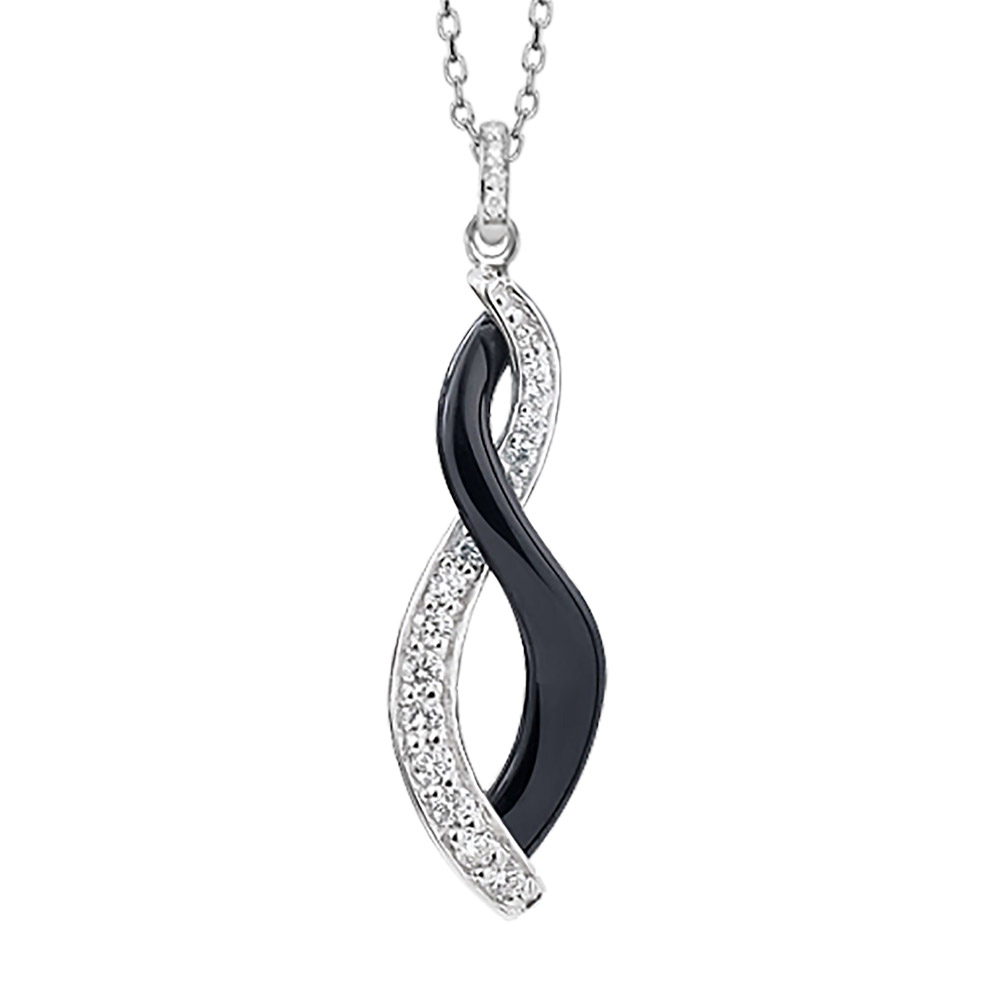 Collier en argent rhodié chaîne avec pendentif 2 rubans enroulés, 1 en céramique noire et l&rsquo;autre orné d&rsquo;oxydes blanc sertis – longueur 42cm + 3cm de rallonge