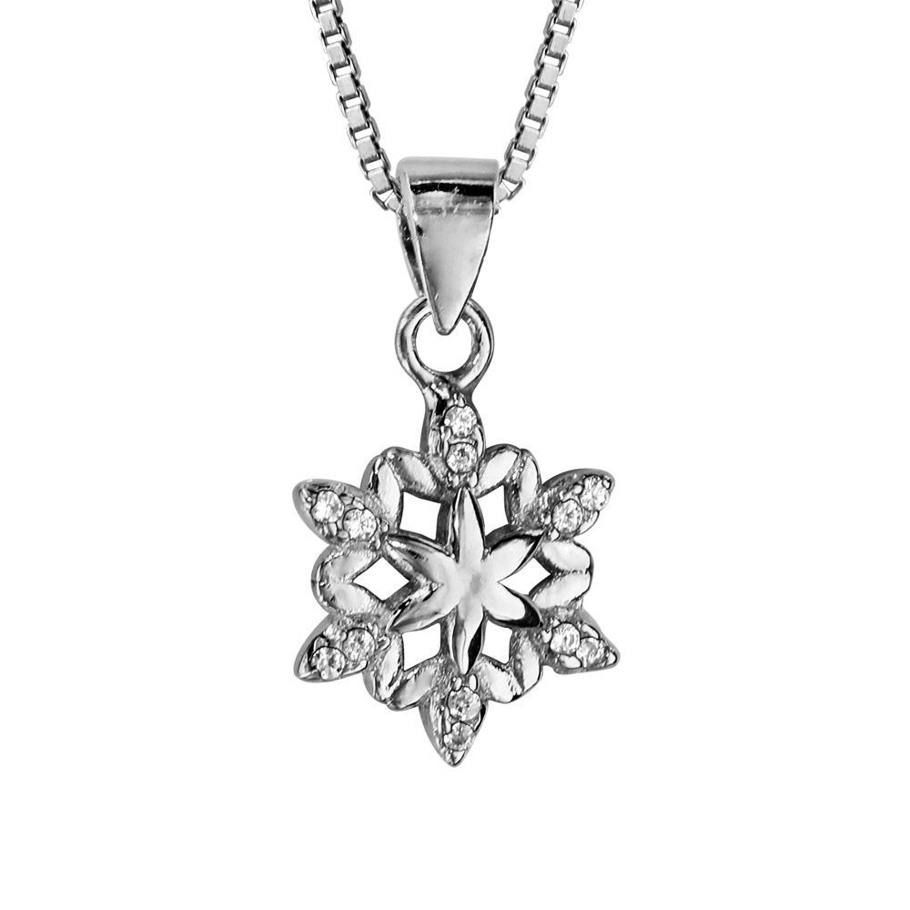 Collier en argent rhodié chaîne avec pendentif flocon de neige double lisse et orné d’oxydes blancs sertis – longueur 42cm + 3cm de rallonge