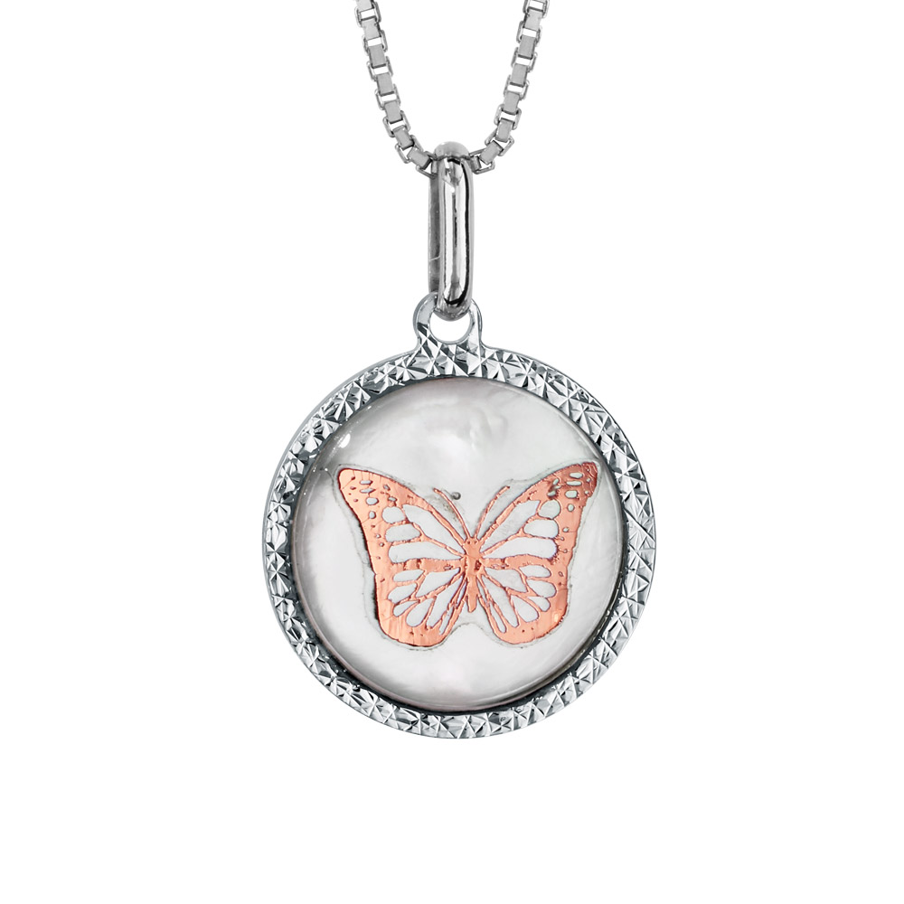 Collier en argent rhodié chaîne avec pendentif rond de 14mm en nacre blanche véritable avec papillon rose et tour diamanté – longueur 42cm + 3cm de rallonge