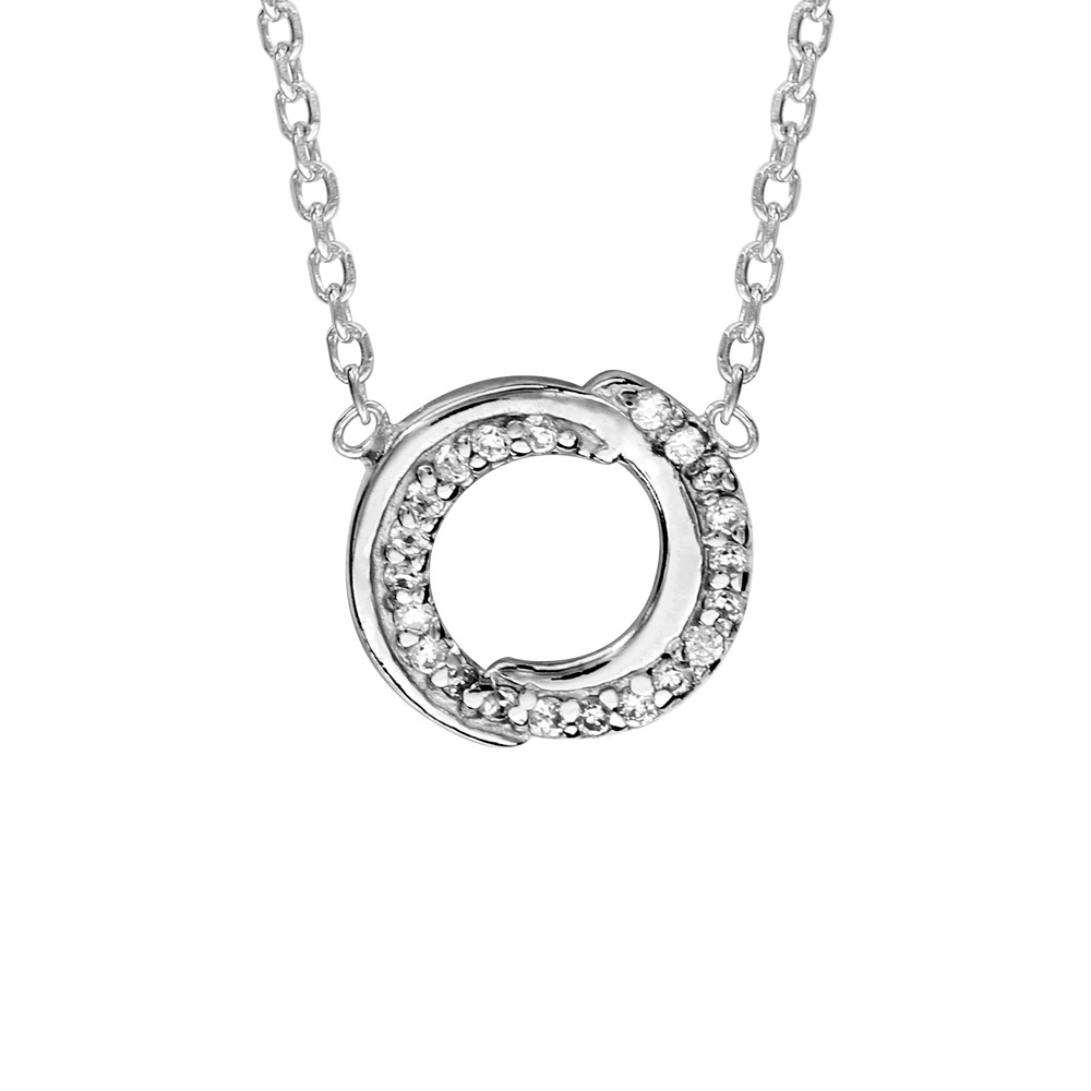 Collier en argent rhodié chaîne avec pendentif cercle en 2 brins enroulés dont 1 lisse et l’autre orné d’oxydes blancs sertis – longueur 38cm + 4cm de rallonge