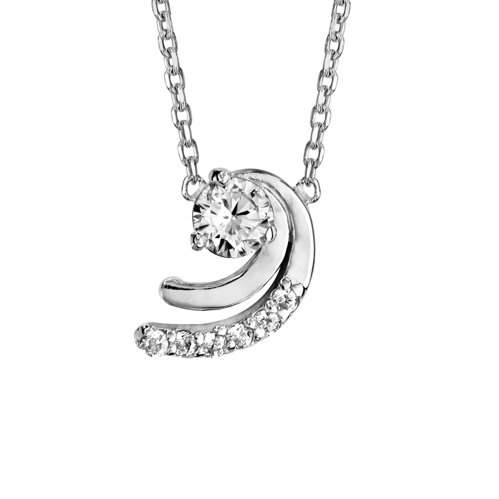 Collier en argent rhodié chaîne avec pendentif 2 virgules dont 1 ornée d’oxydes blancs sertis et avec 1 gros oxyde blanc serti dans la courbe – longueur 38cm + 4cm de rallonge