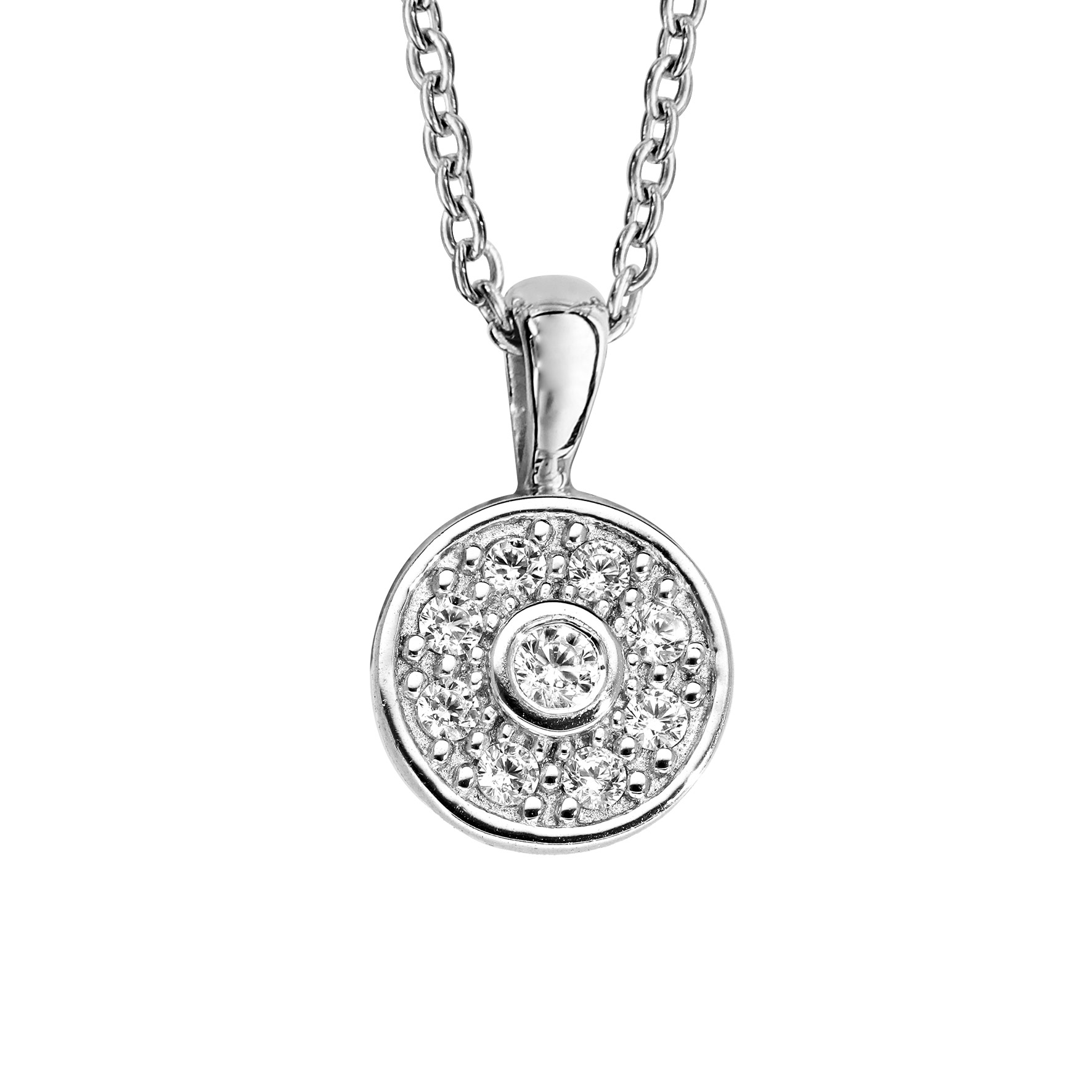 Collier en argent rhodié chaîne avec pendentif rond pavé d&rsquo;oxydes blancs et 1 oxyde blanc serti clos au milieu – longueur 42cm + 3cm de rallonge