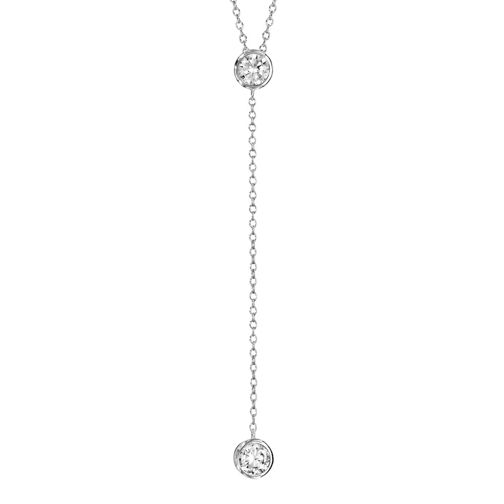 Collier en argent rhodié forme Y chaîne avec 2 oxydes blancs sertis clos – longueur 41cm + 5cm de rallonge