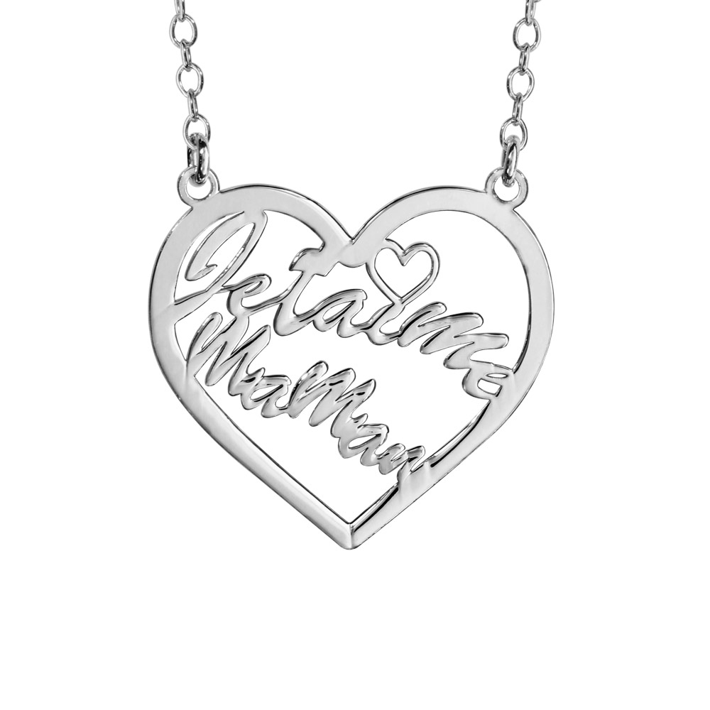 Collier en argent rhodié chaîne avec pendentif coeur évidé découpé « Je t&rsquo;aime maman » – longueur 40cm + 5cm de rallonge