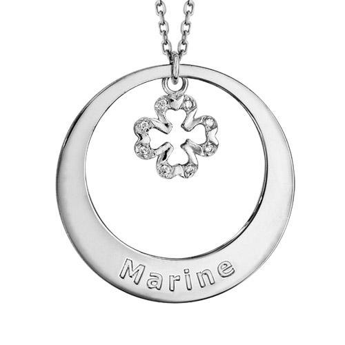 Collier en argent rhodié chaîne avec pendentif anneau prénom à graver et trèfle à 4 feuilles suspendu – longueur 42cm + 3cm de rallonge