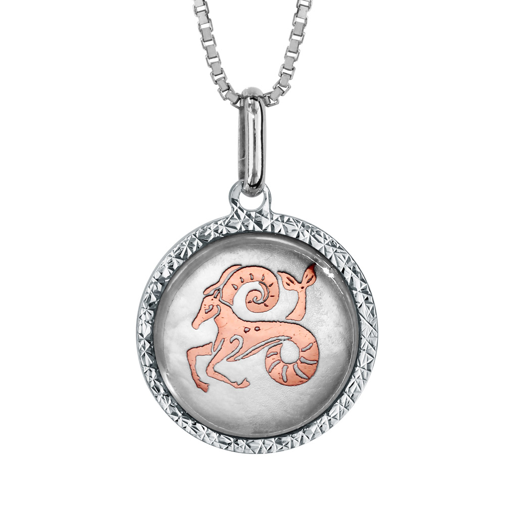 Collier en argent rhodié pendentif rond nacre blanche véritable zodiaque capricorne dorure rose 42cm + 3cm