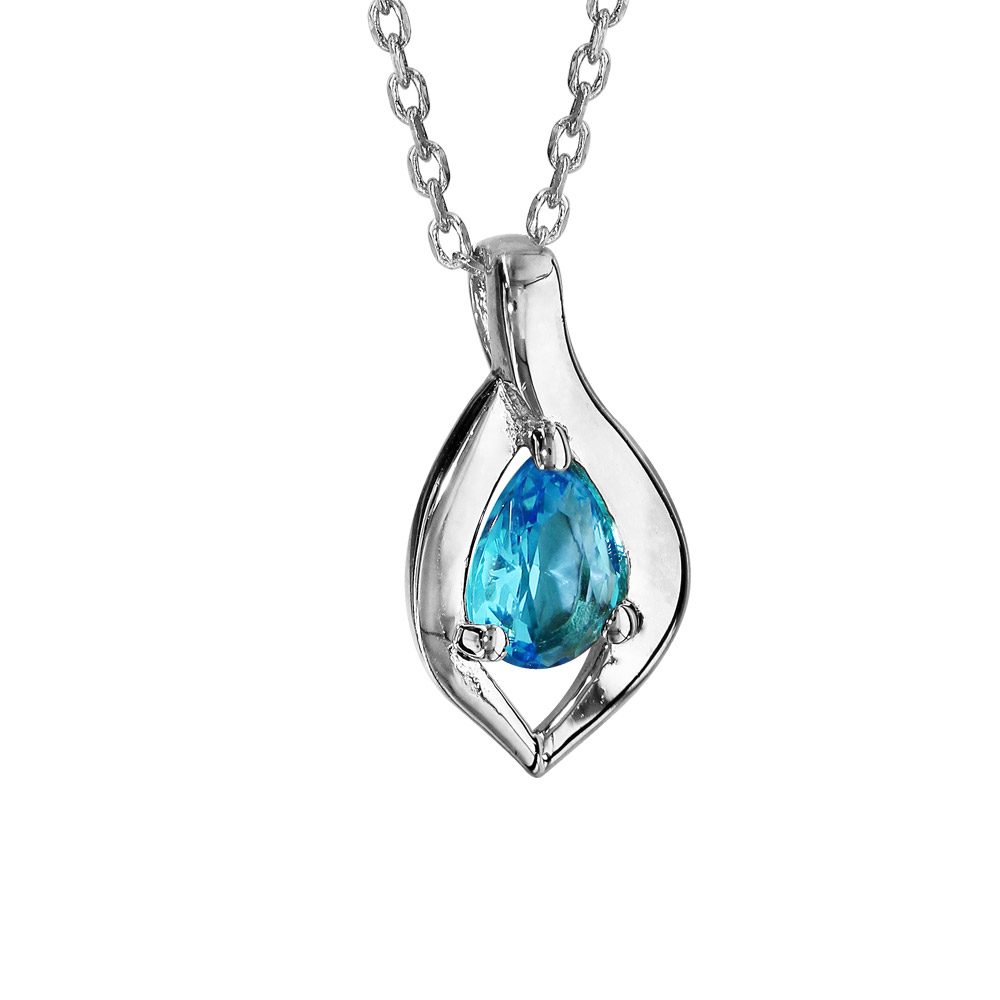 Collier en argent rhodié collection joaillerie chaîne avec pendentif bleu clair 42cm + 3cm