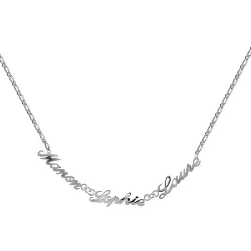 Collier en argent chaîne mailles 1+1 largeur 2mm avec découpe anglaise 3 prénoms – longueur 40cm + 3cm de rallonge