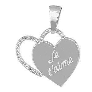 Pendentif en argent rhodié 2 coeurs superposés, 1 évidé ouvragé et l&rsquo;autre gravé « Je t&rsquo;aime »