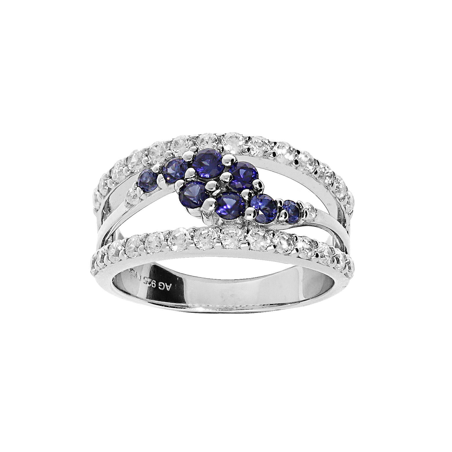 Bague en argent rhodié 2 rangs et vague pavée d’oxydes bleus sertis