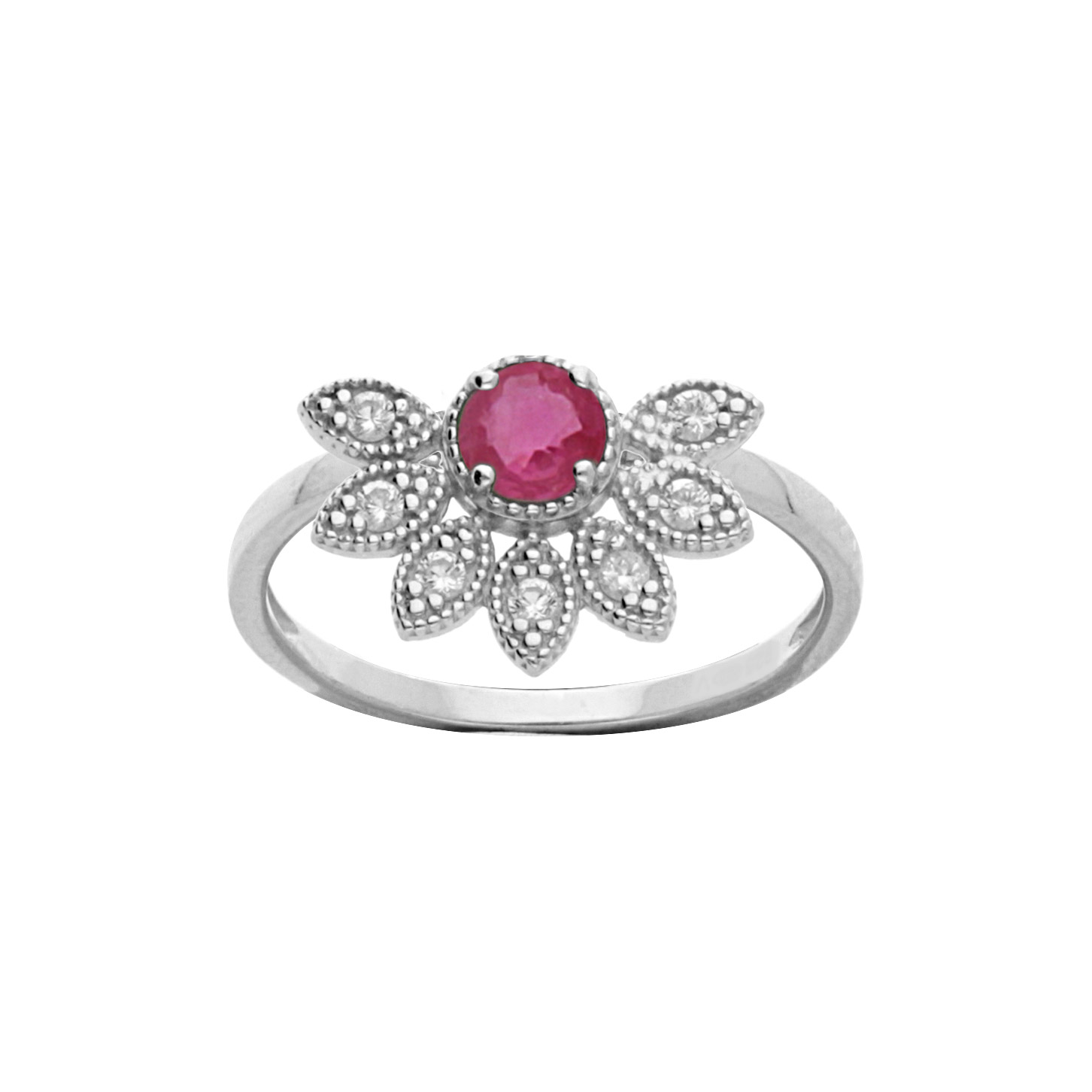 Bague en argent rhodié demi fleur de Rubis véritable et topazes blanches