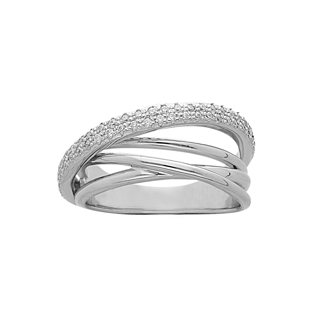 Bague en argent platiné fils croisés et oxydes blancs sertis grande taille
