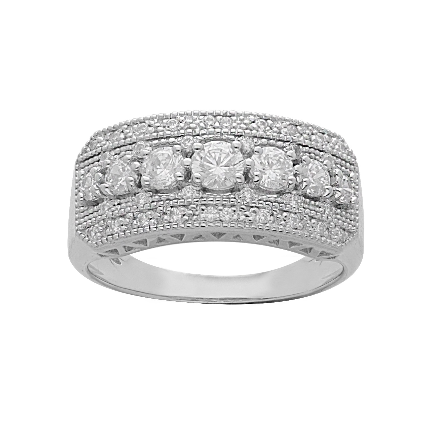 Bague en argent platiné large finement travaillée avec oxydes blancs sertis grande taille