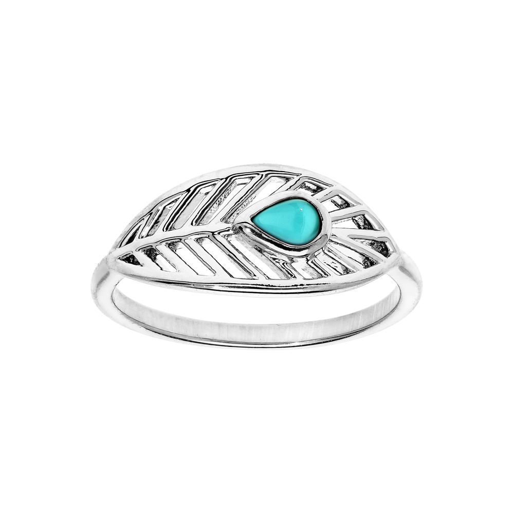 Bague en argent rhodié plume avec pierre couleur turquoise