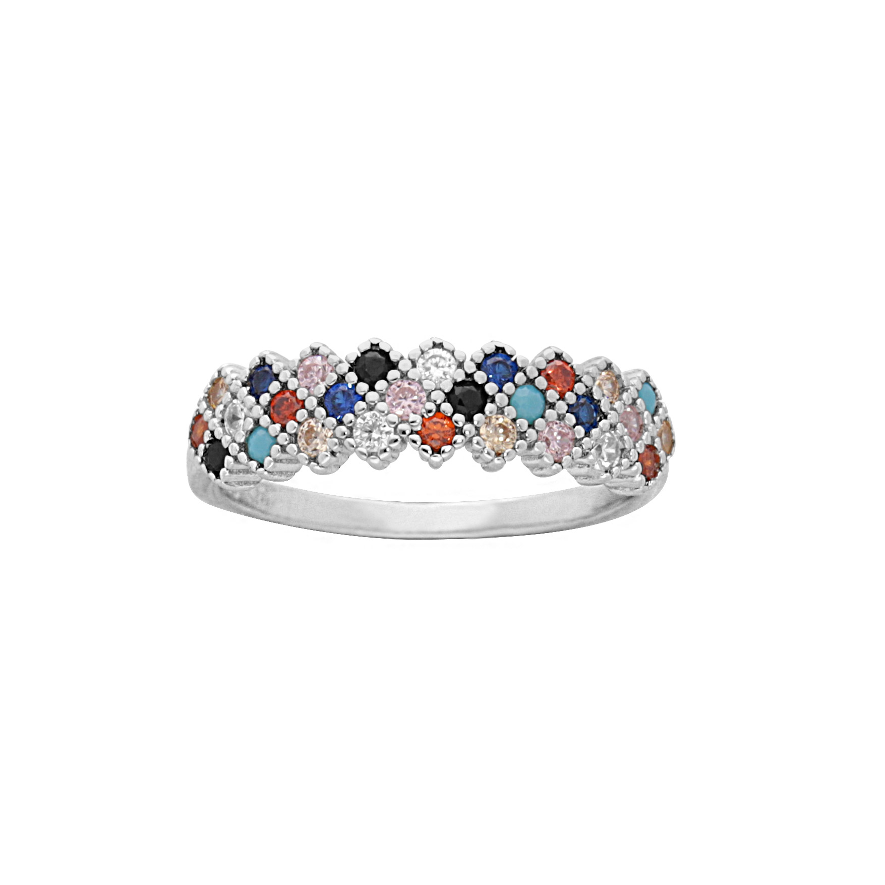 Bague en argent rhodié damier pavé d’oxydes multicouleurs