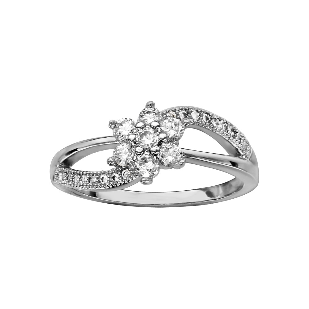 Bague en argent rhodié brins croisés dont 1 rail d’oxydes blancs avec fleur en oxydes blancs au centre