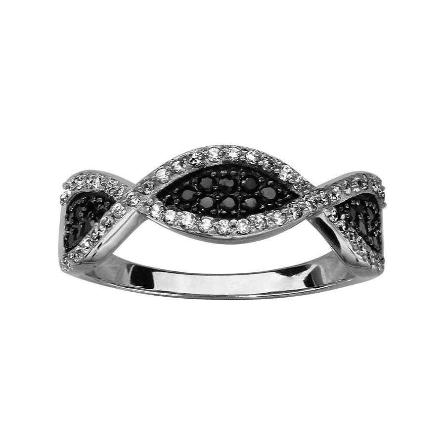 Bague en argent rhodié brins croisés en oxydes blancs et pavé d’oxydes noirs au milieu