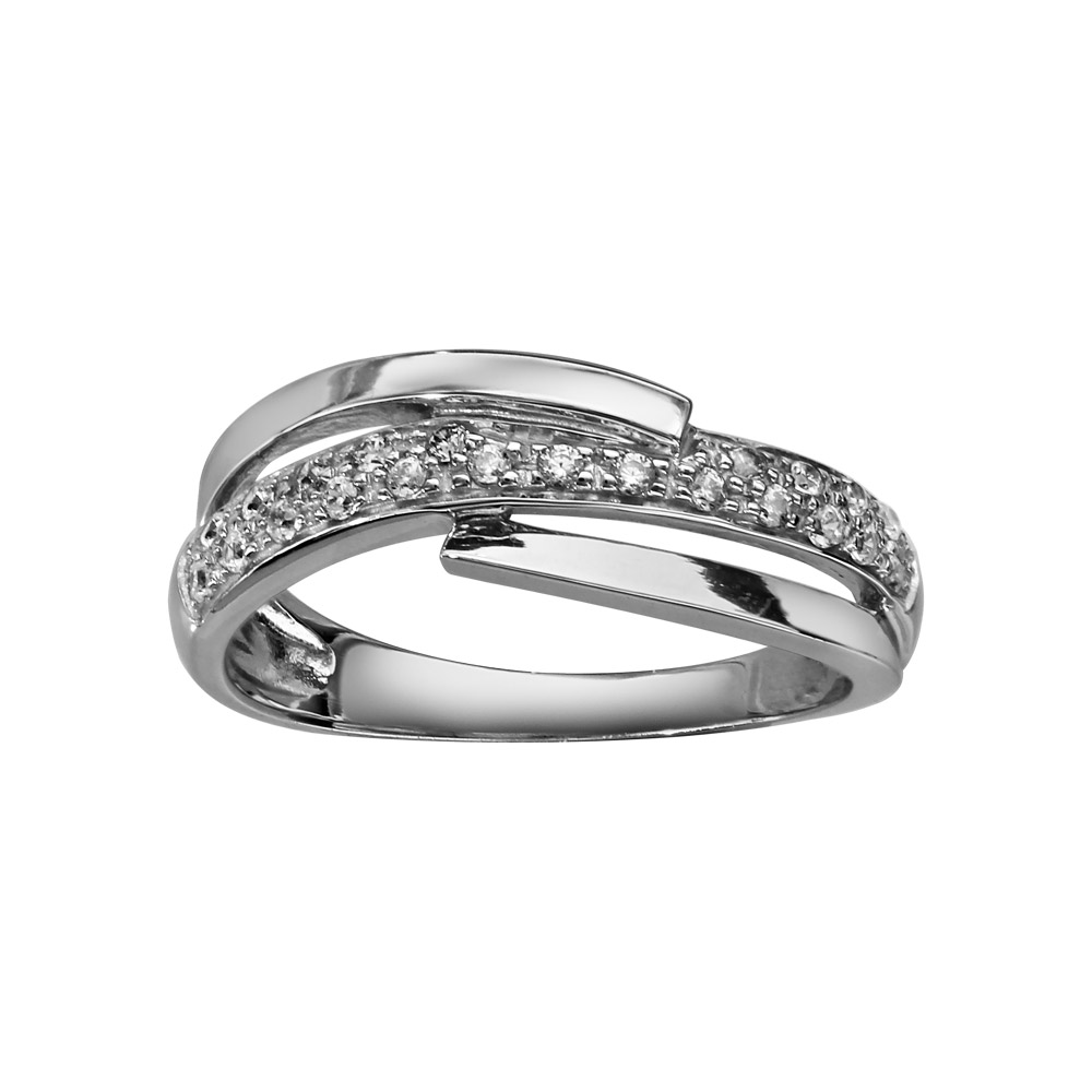 Bague en argent rhodié 1 demi rail d’oxydes blancs sertis et 2 brins croisés