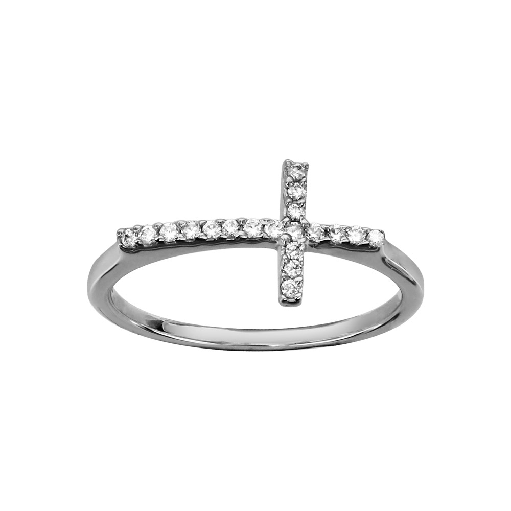 Bague en argent rhodié avec croix en oxydes blancs sertis