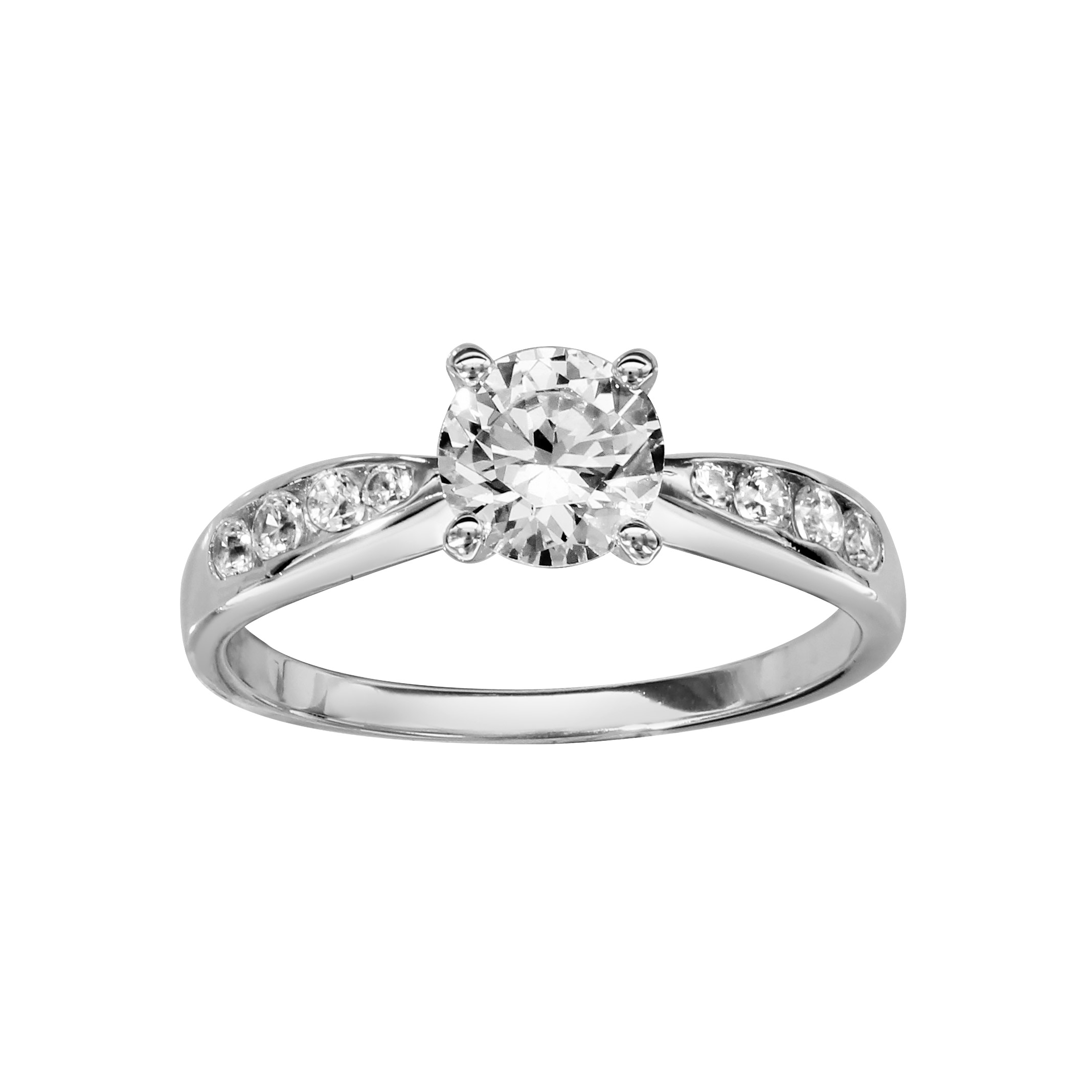 Bague en argent rhodié 1 oxyde serti 4 griffes avec petits oxydes de chaque côté sur l’anneau