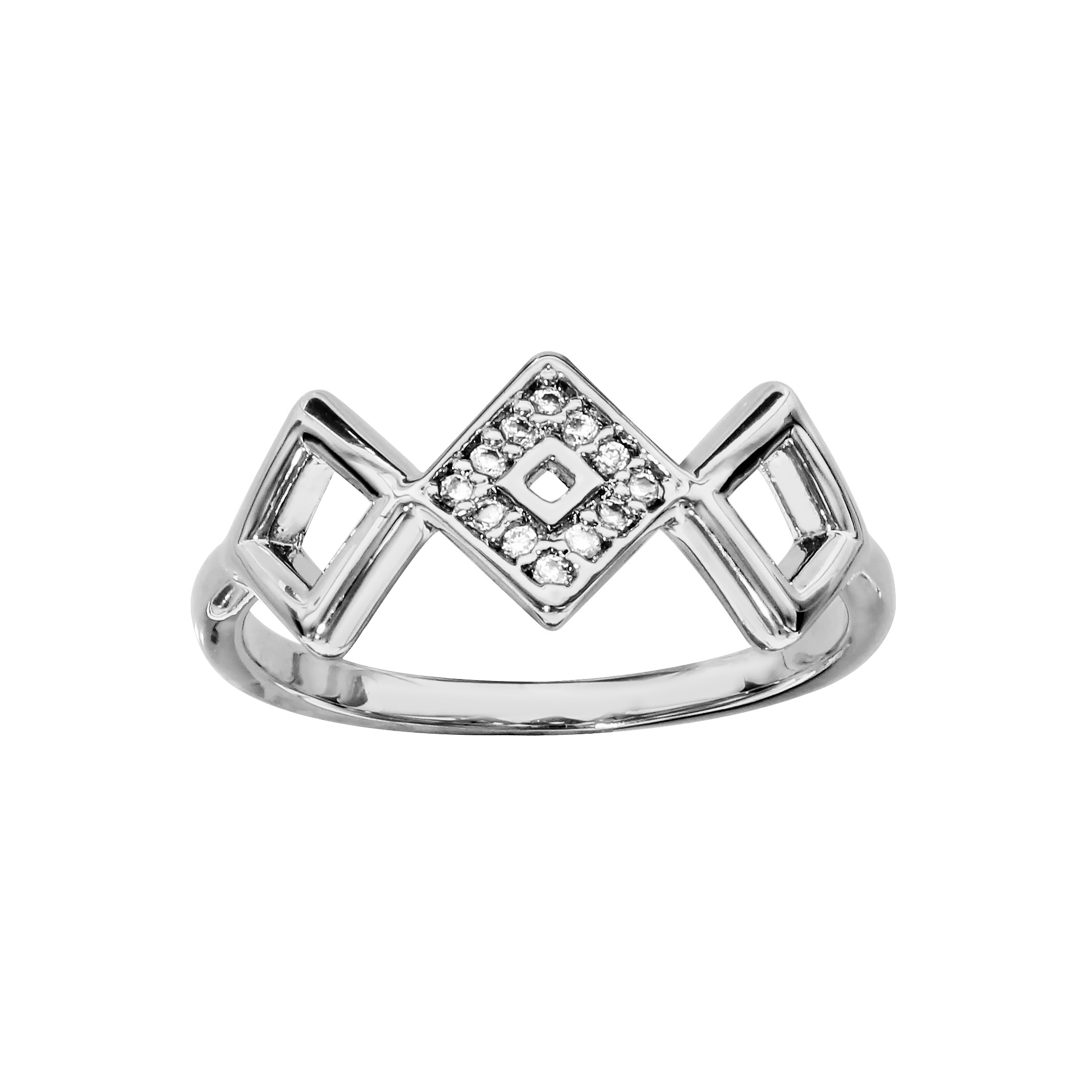 Bague en argent rhodié 3 carrés évidés côte à côte, 2 lisses et 1 ornés d’oxydes blancs sertis au milieu