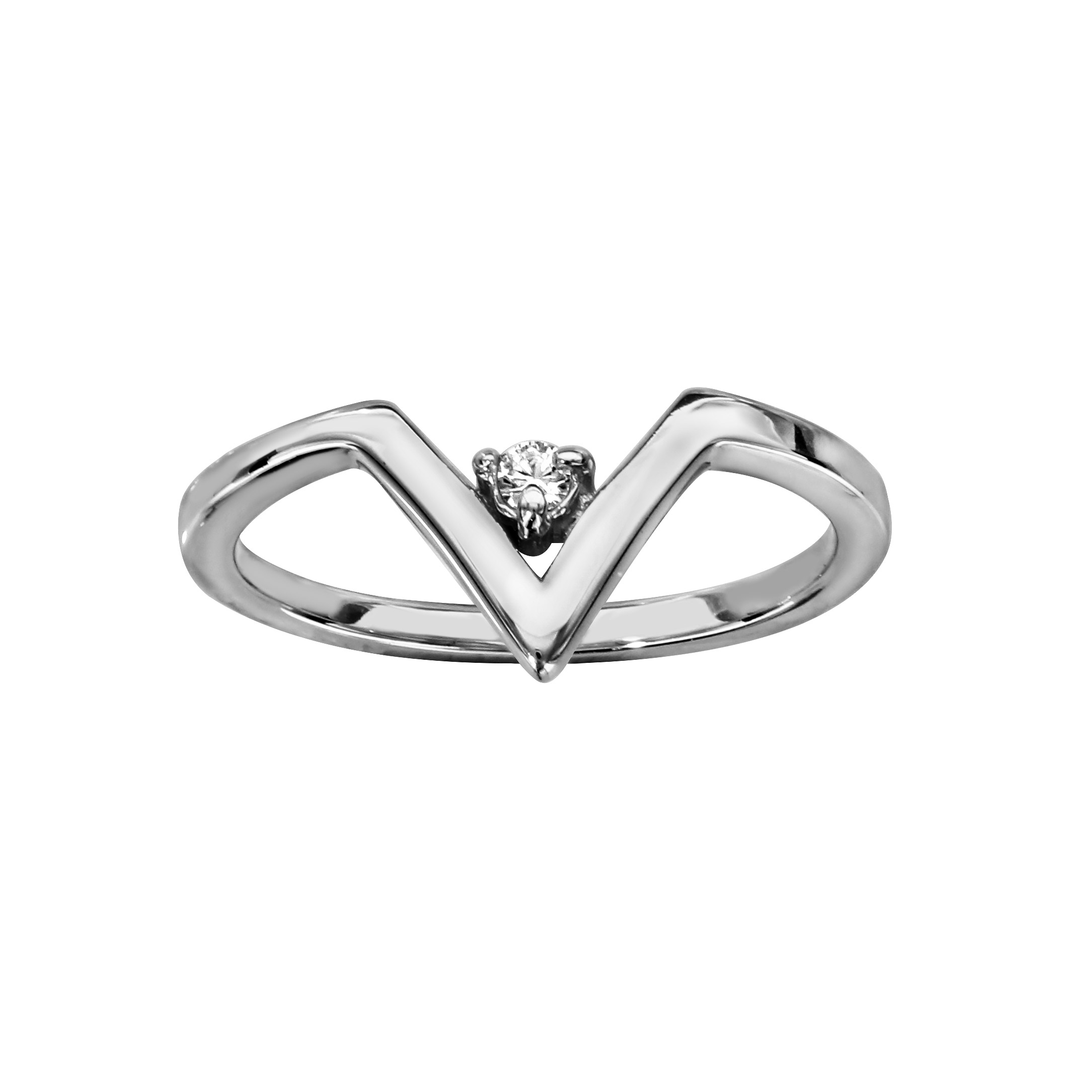 Bague en argent rhodié forme V avec 1 oxyde blanc dans la pointe