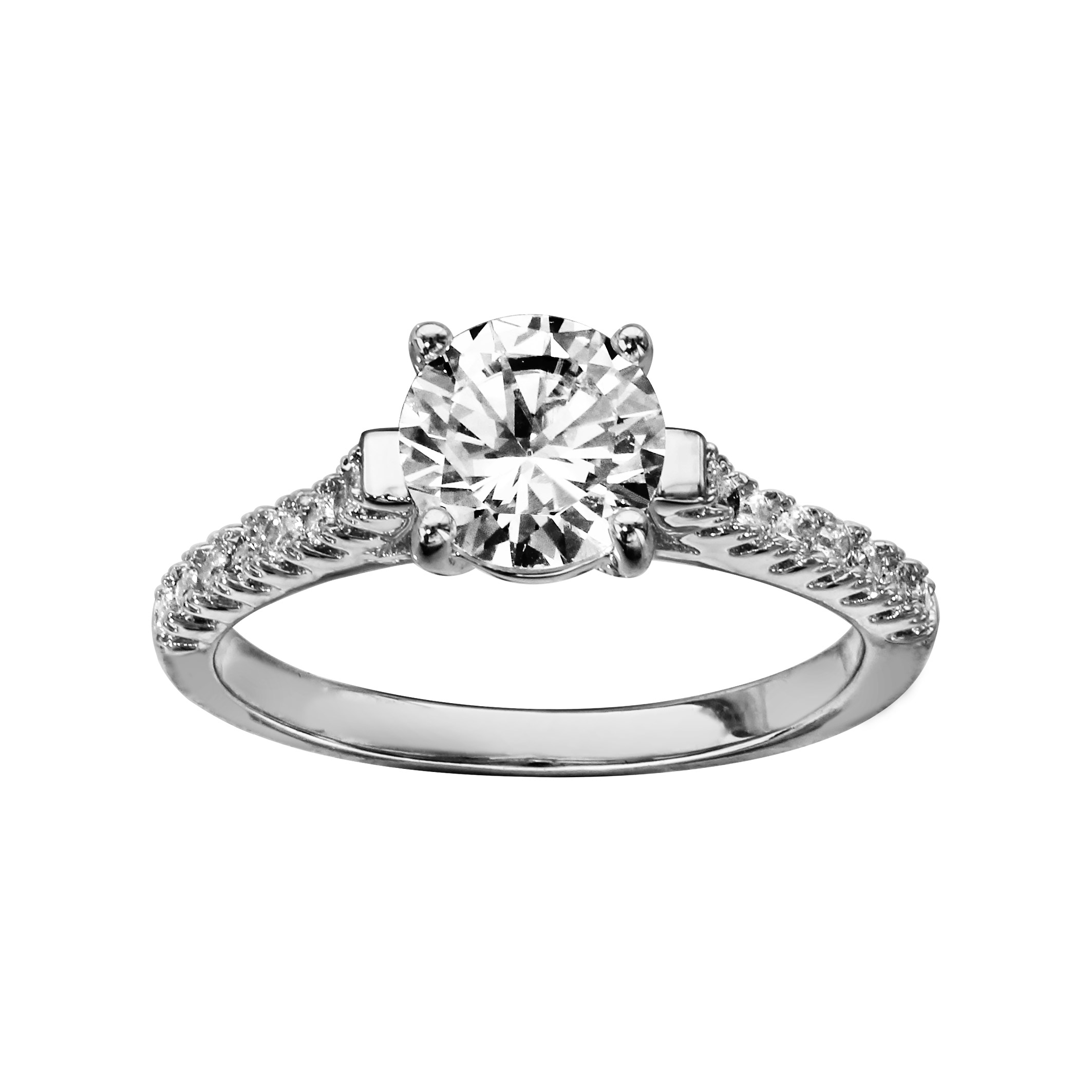 Bague en argent rhodié demi rail d’oxydes blancs sertis avec 1 gros oxyde rond blanc sur le dessus et éléments lisses sur les côtés