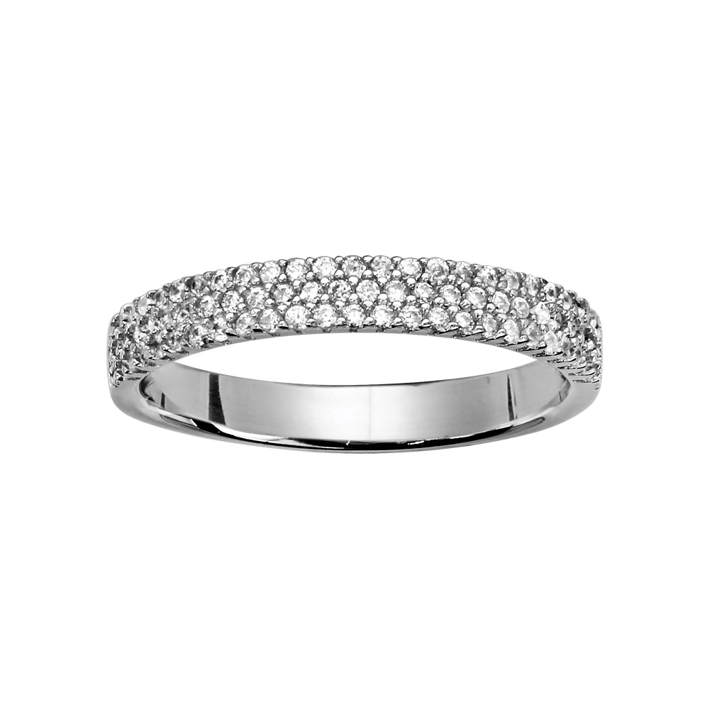 Bague en argent rhodié 3 rangées d’oxydes blancs serti