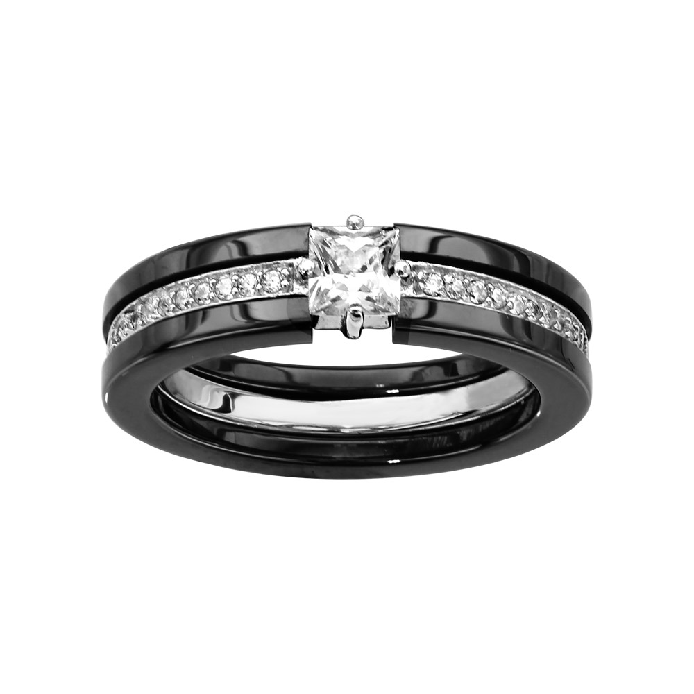 Bague en céramique noire 3 anneaux, 2 en céramique noire et 1 anneau central d’oxydes blancs sertis avec 1 gros oxyde carré blanc serti
