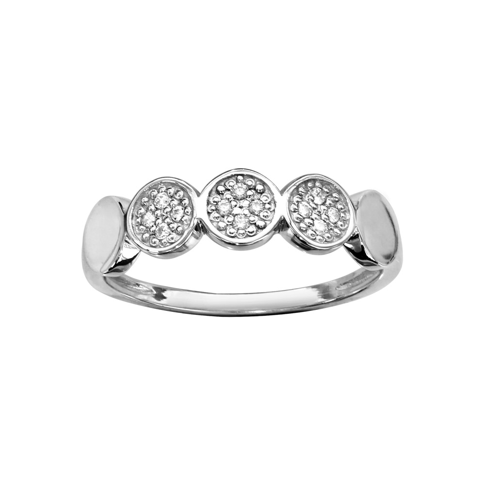 Bague en argent rhodié 5 ronds dont 2 lisses et 3 pavés d&rsquo;oxydes blancs sertis