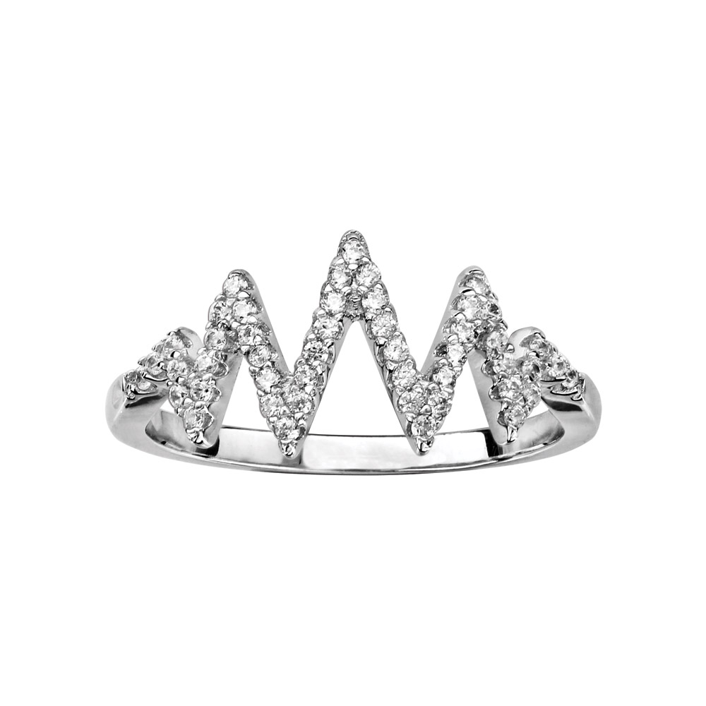 Bague en argent rhodié avec sur le dessus zig-zag en rail d&rsquo;oxydes blancs sertis