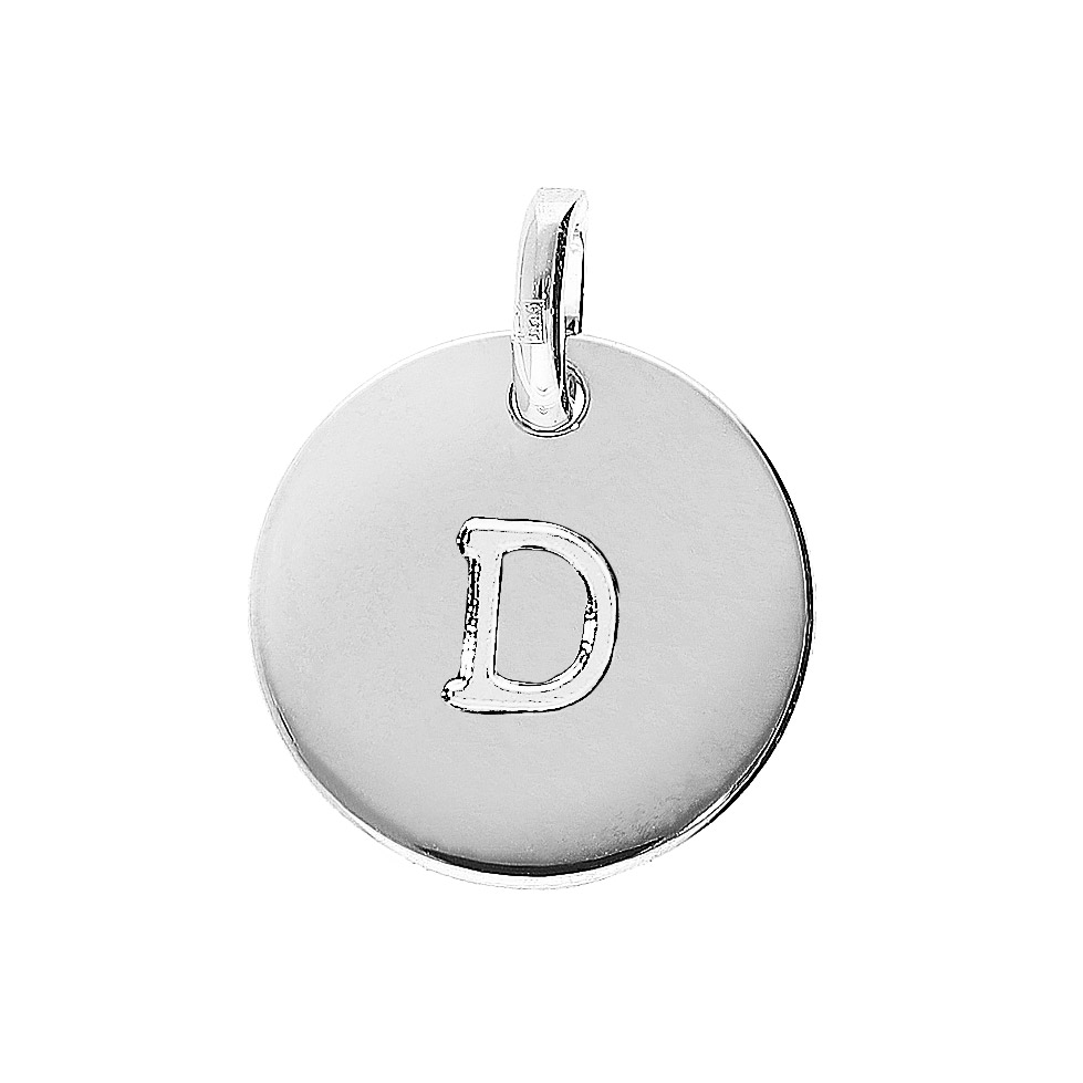 Pendentif en argent rhodié médaille 12mm gravure alphabet « D »