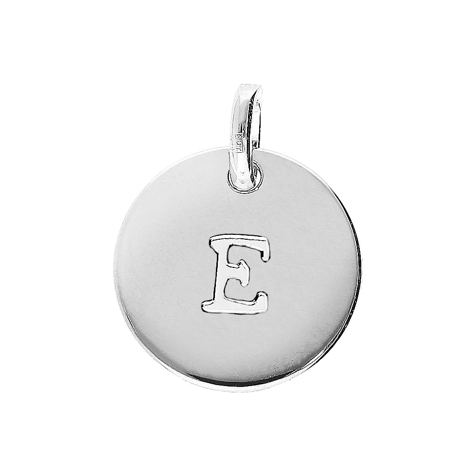 Pendentif en argent rhodié médaille 12mm gravure alphabet « E »