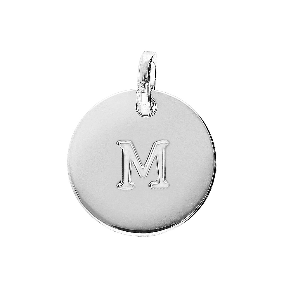 Pendentif en argent rhodié médaille 12mm gravure alphabet « M »