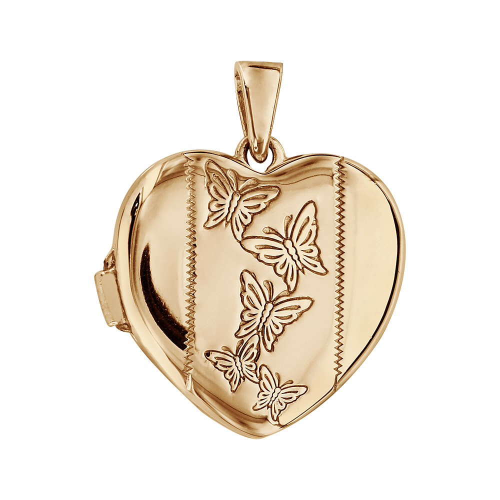 Pendentif en argent et dorure jaune cassolette coeur avec gravure papillons sur 1 bande au milieu – possibilité d’insérer 1 ou 2 photos droite et gauche