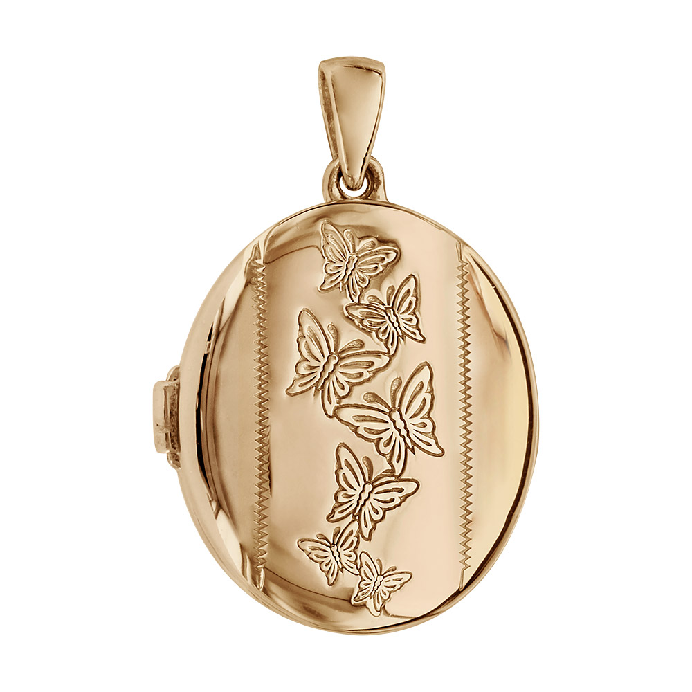Pendentif en argent et dorure jaune cassolette ovale avec gravure papillons sur 1 bande au milieu – possibilité d’insérer 1 ou 2 photos droite et gauche