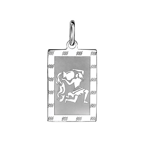 Pendentif en argent rhodié plaque G.I. rectangulaire zodiaque Verseau mat et brillant