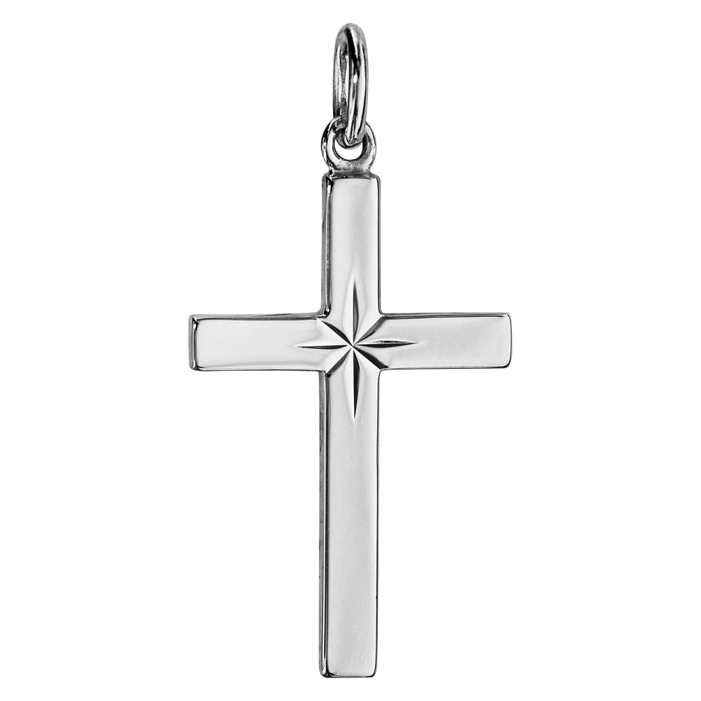 Pendentif croix en argent rhodié avec étoile diamantée au centre 27mm