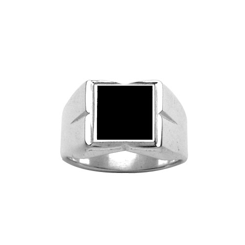 Chevalière en argent plateau carré 10mm X 10mm en onyx synthétique et godrons larges sur les côtés