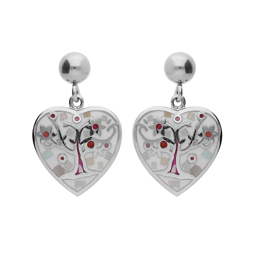 Boucles d’oreille Stella Mia en acier coeur suspendu avec motif arbre de vie et nacre