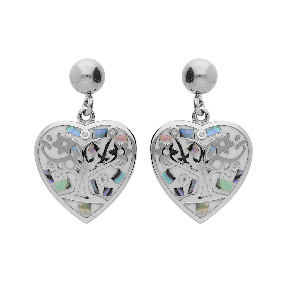 Boucles d’oreille Stella Mia en acier coeur suspendu avec motif arbre de vie couleur et nacre – fermoir poussette