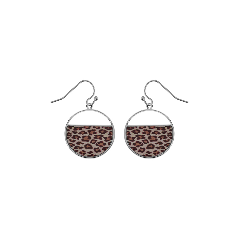 Boucles d’oreille acier ronde avec résine léopard fermoir crochet