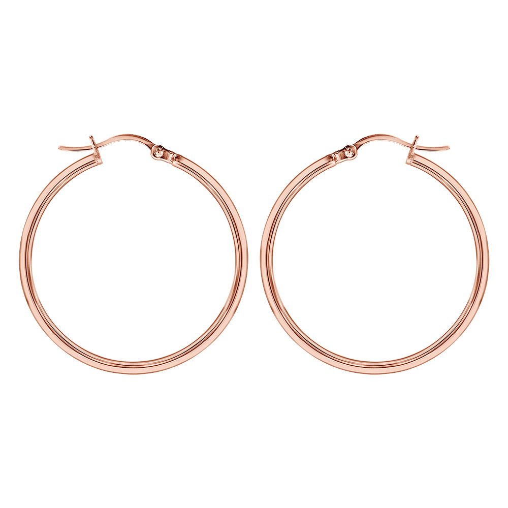 Créoles en acier et PVD rose fil lisse 34 mm et fermoir crochet