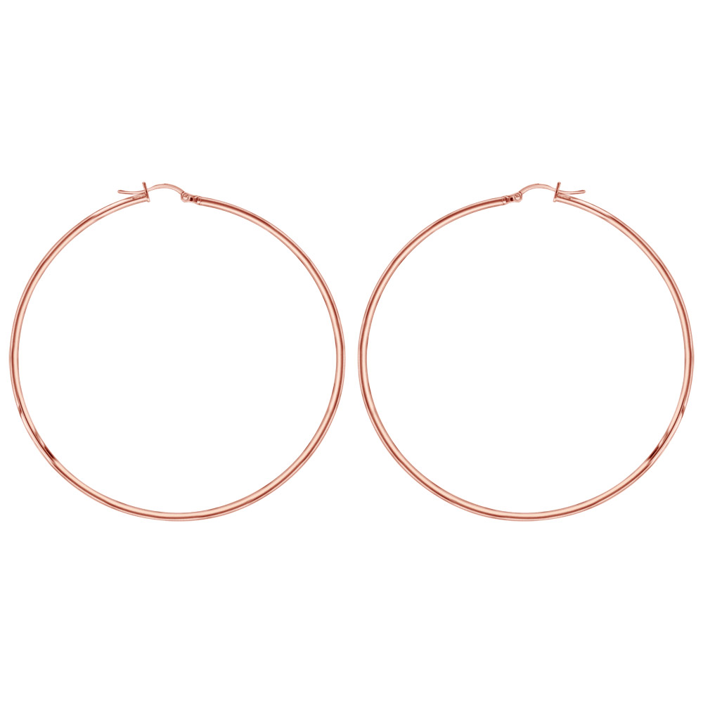Créoles en acier et PVD rose fil lisse 74 mm et fermoir crochet